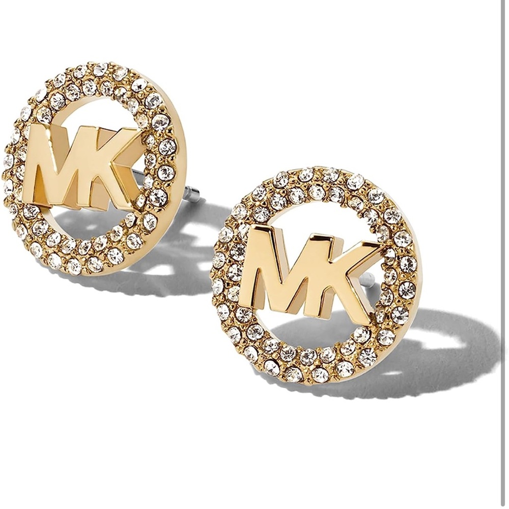 Michael Kors Brass and Pavé Crystal MK Logo Stud Earrings for Women